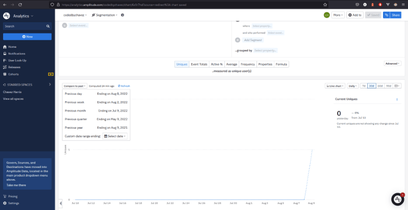 Snapshot of compare to past dropdown options