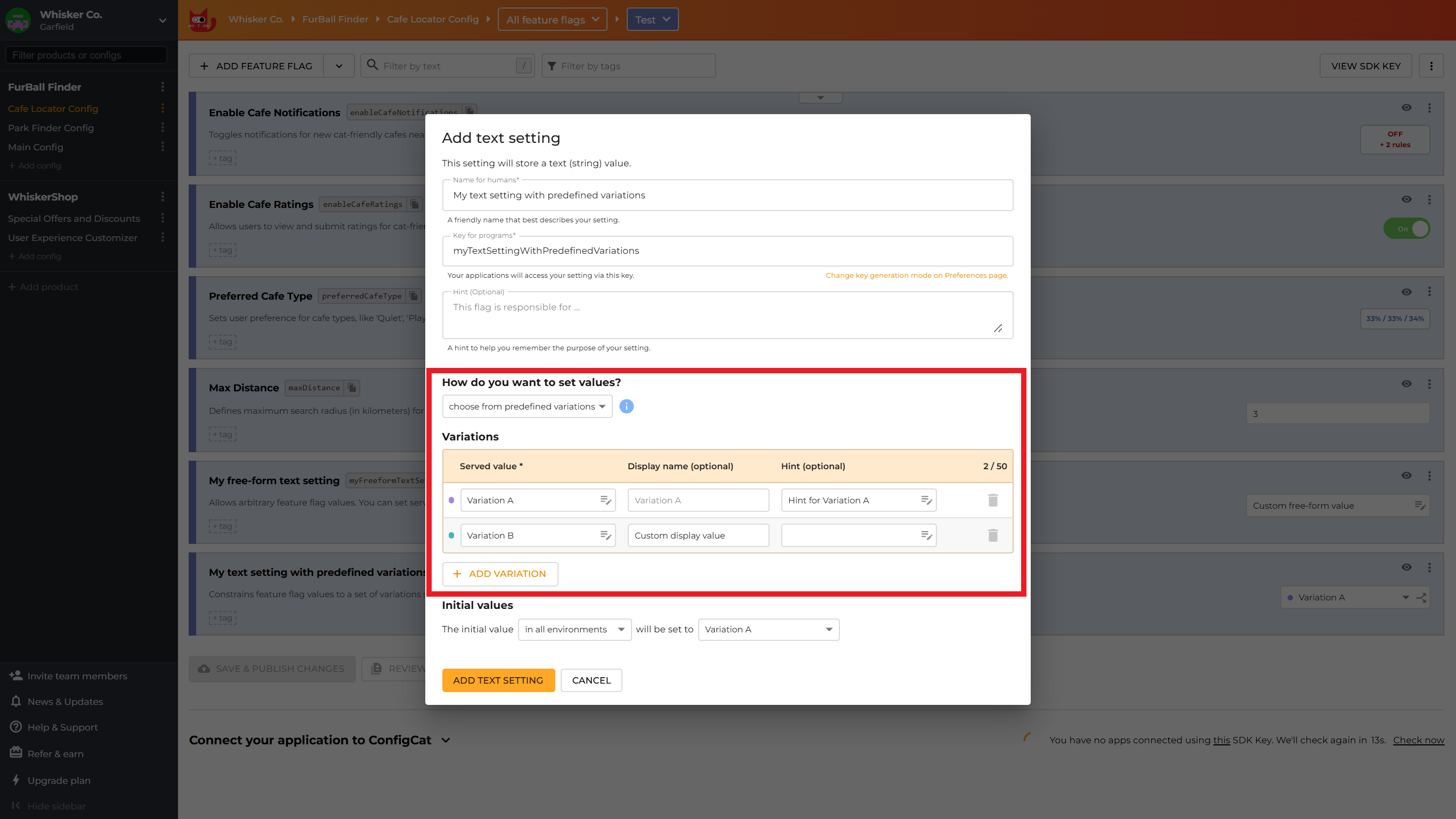 ConfigCat Create Predifined Variations