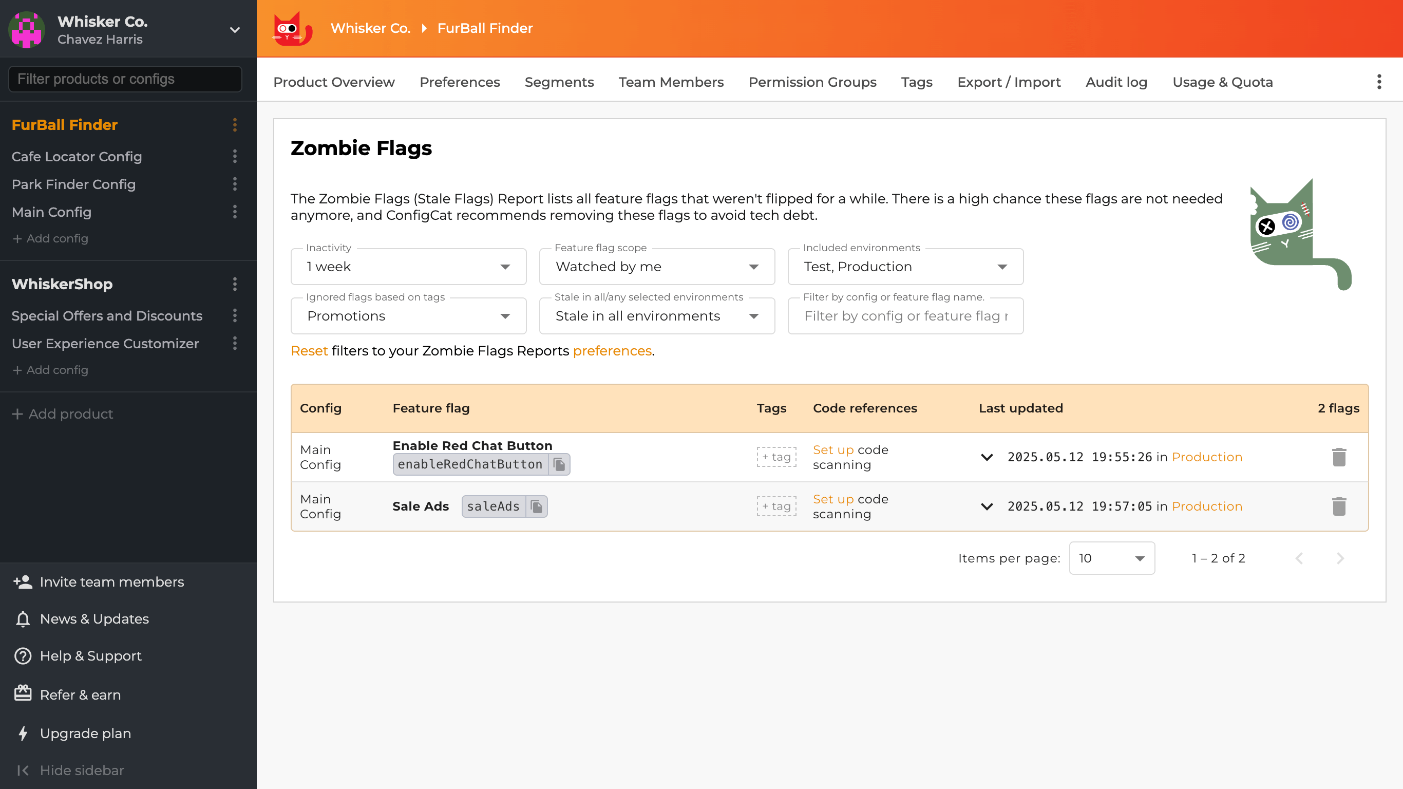 The Zombie Flags page in the ConfigCat dashboard