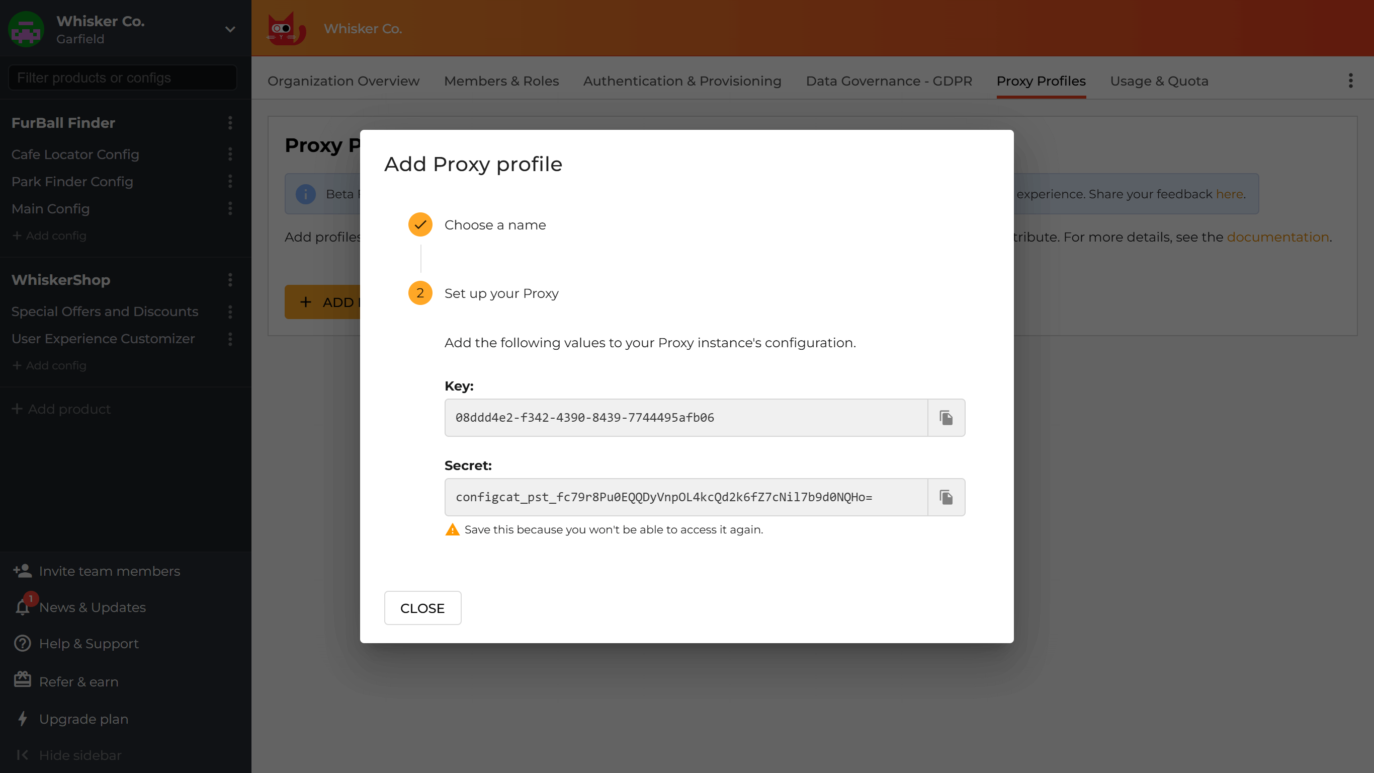 Configure Proxy with key and secret
