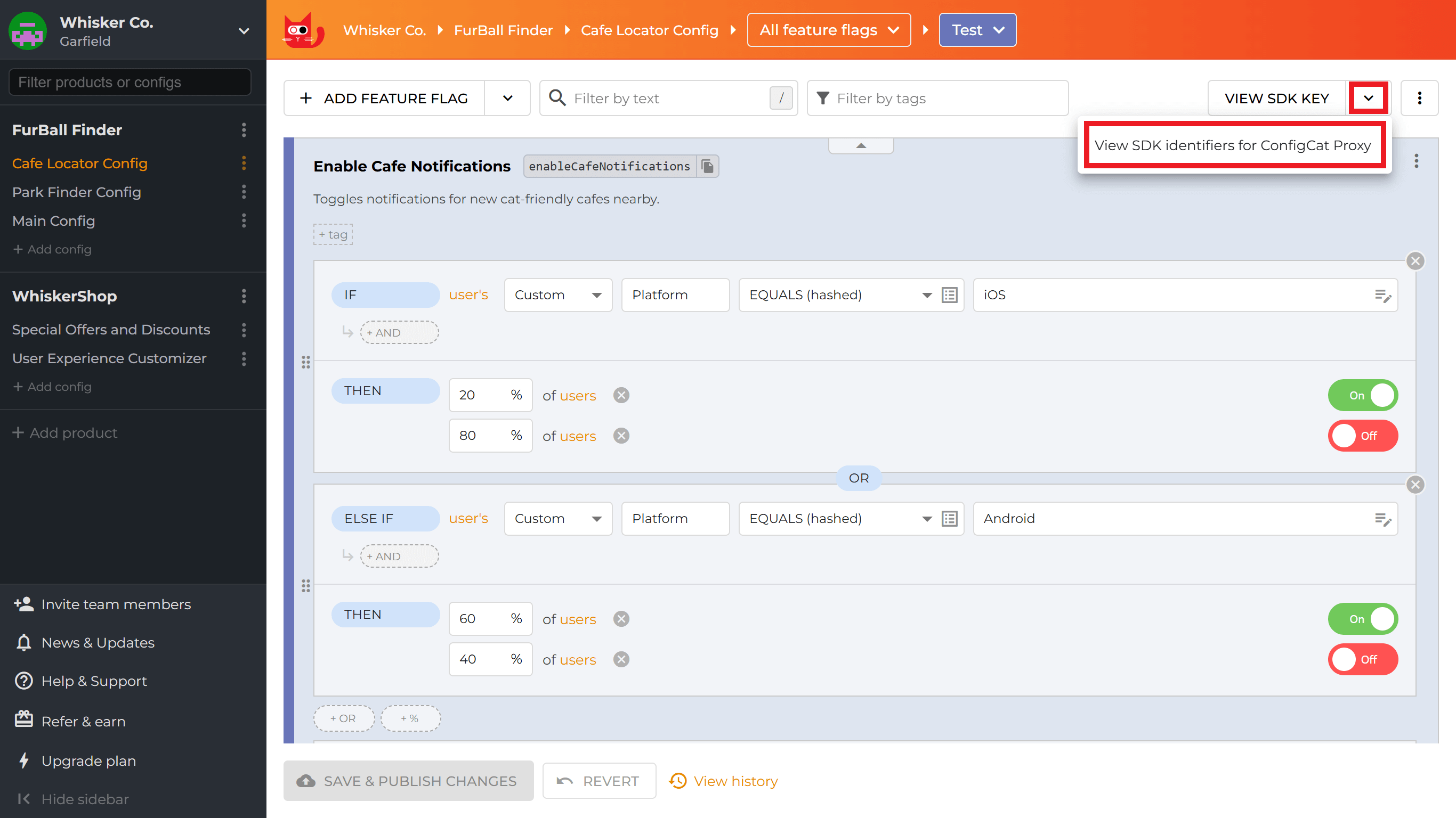 Click on view SDK identifiers for ConfigCat Proxy