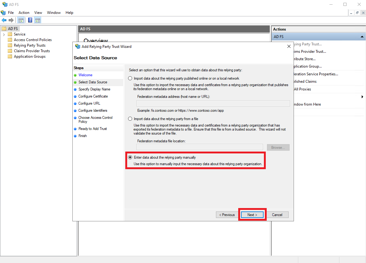 ADFS manual relying party setup