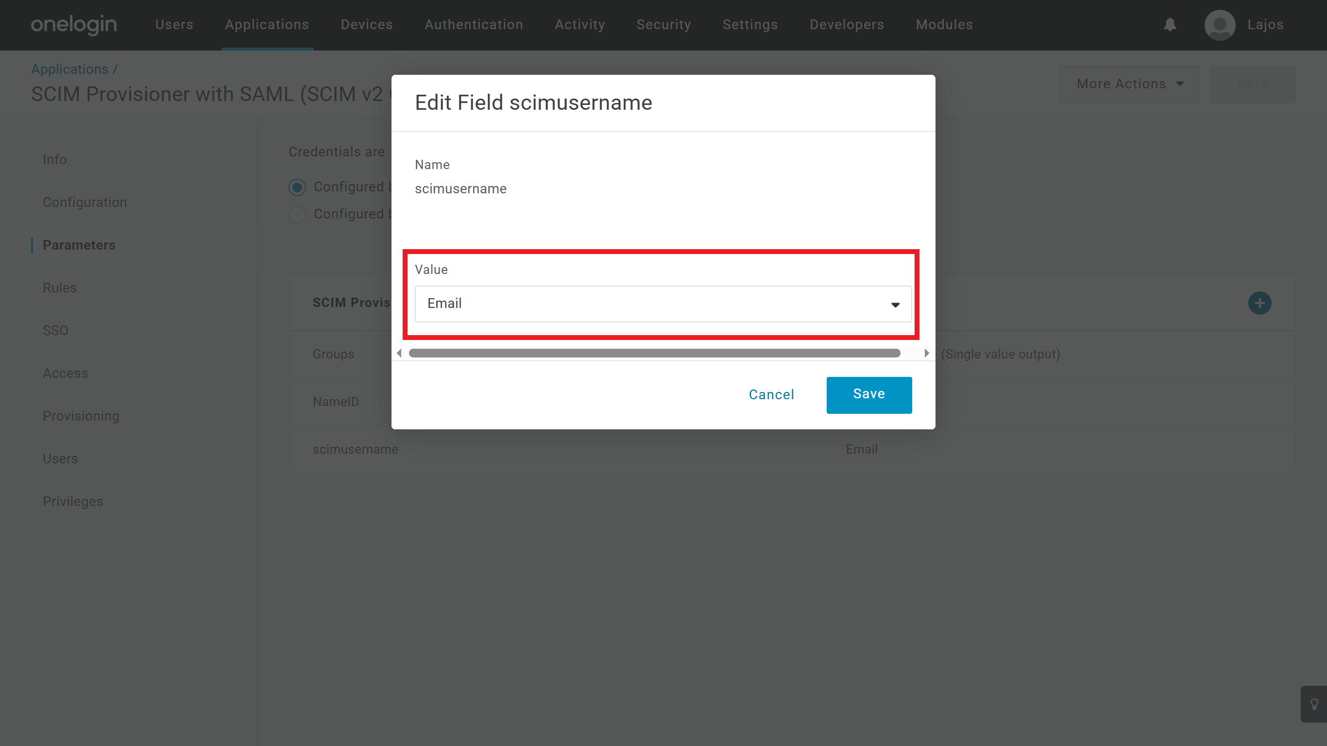 OneLogin SCIM username parameter